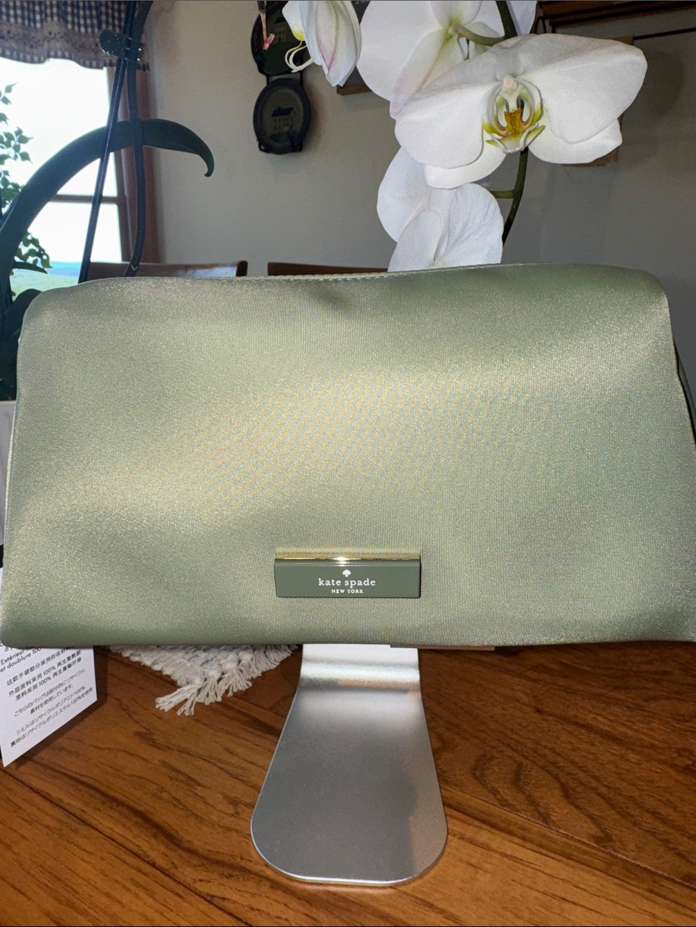 ♠️Kate Spade Sage Green Satin Cosmetic Bag with Gold Hardware.